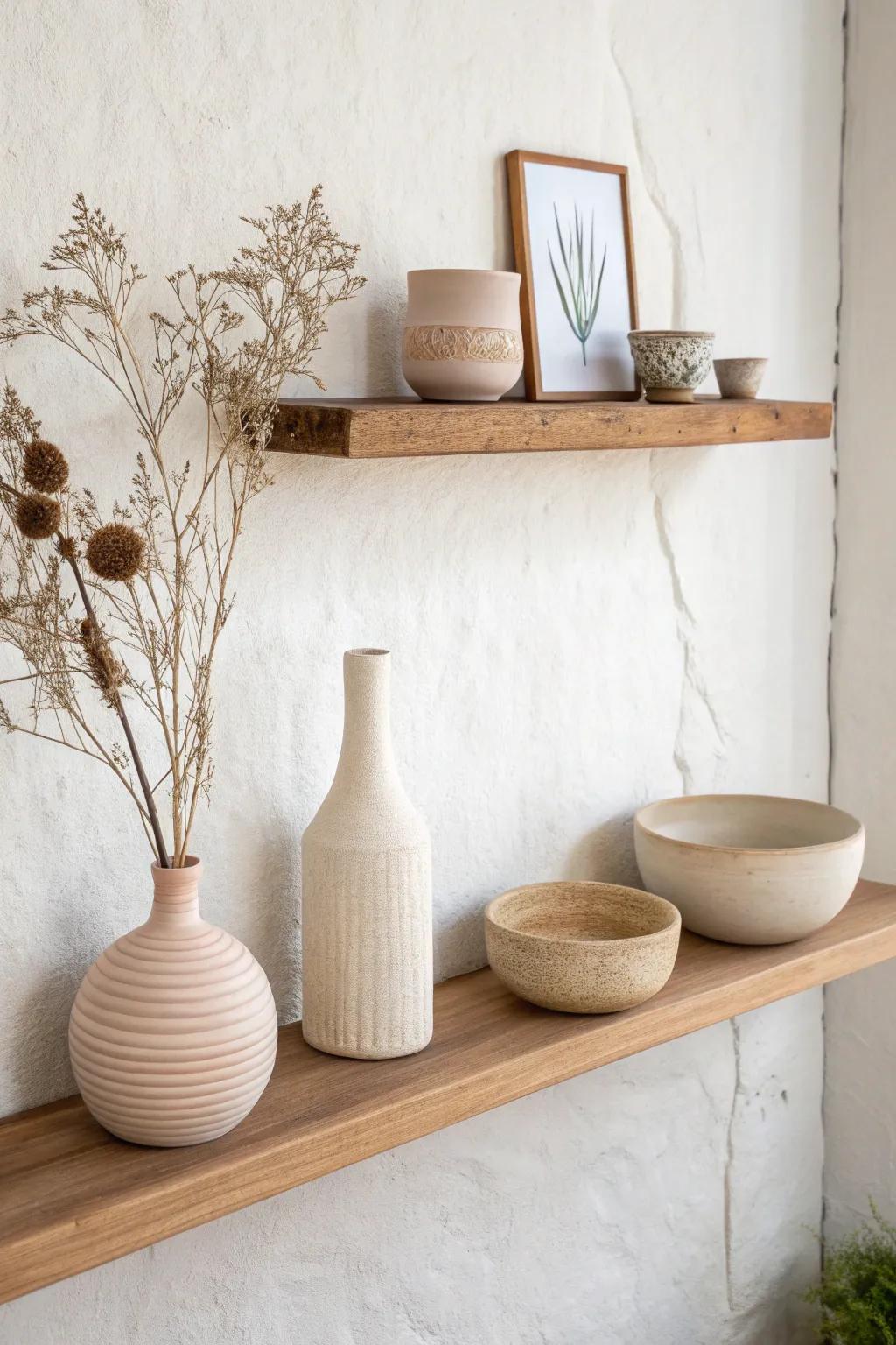One shelf, one palette: a tiny pottery collection that looks curated, calm, and cozy.
