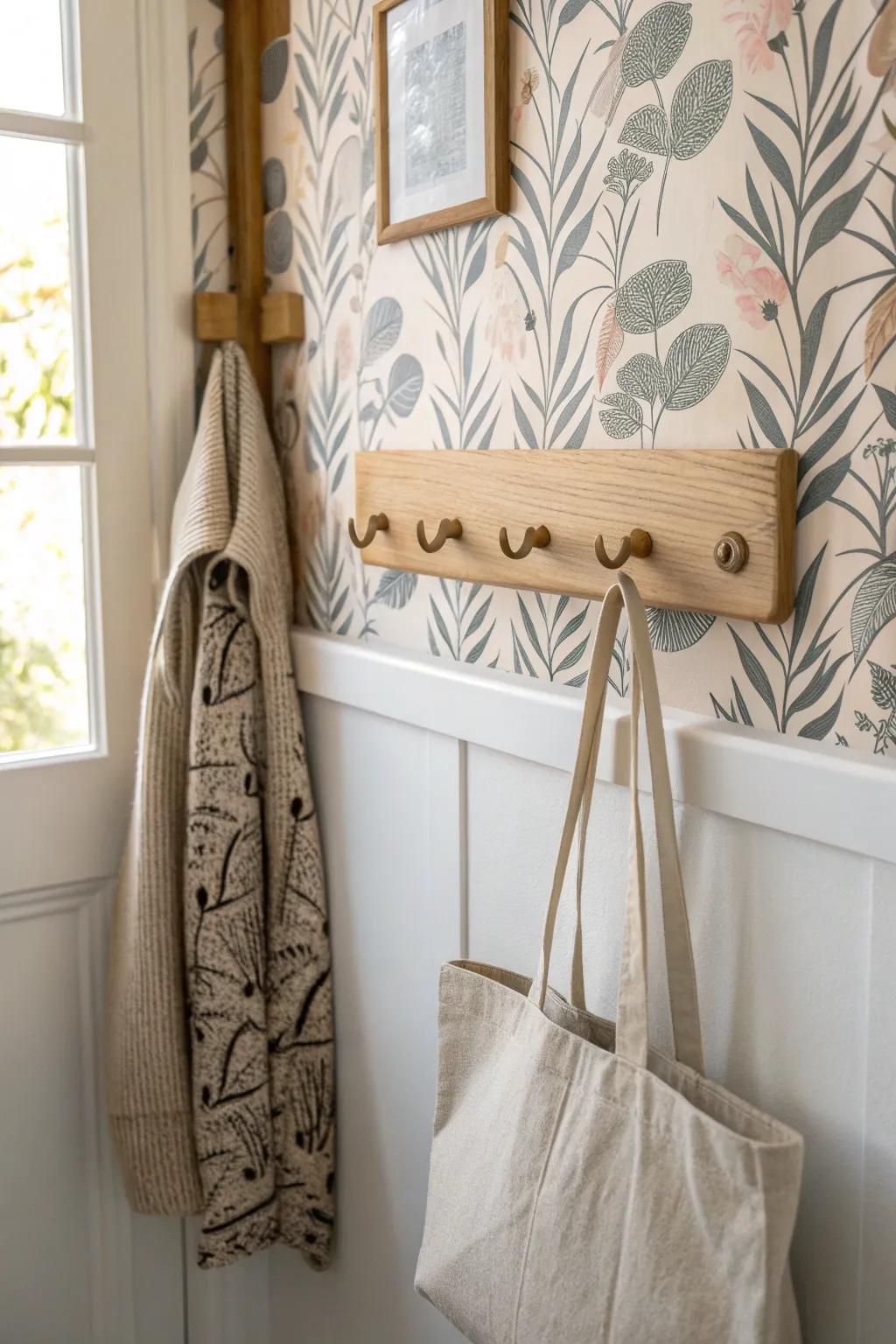 Tiny hallway, big impact: a bold wallpaper panel behind a simple peg rail drop zone.