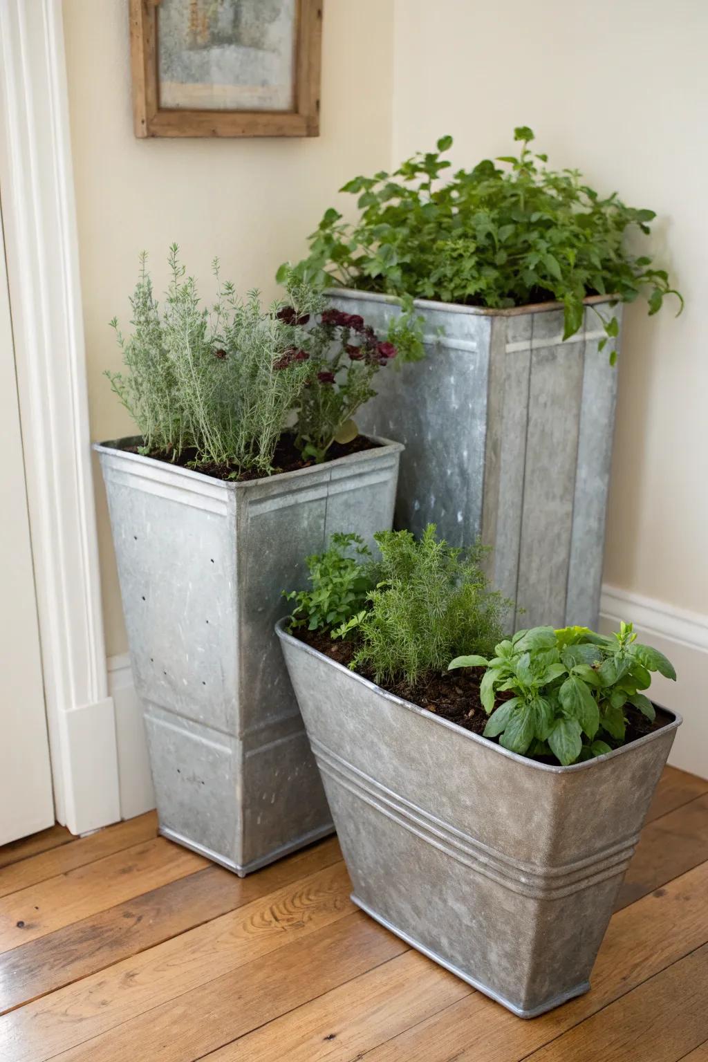 Mixed-height water trough planters create a styled, layered look without taking extra floor space.