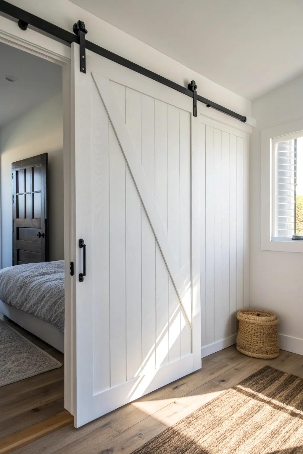 A crisp white barn door instantly upgrades a tight closet—sleek, space-saving, and serene.