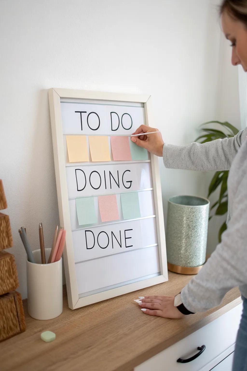 Turn a whiteboard into a mini Kanban—sticky notes slide from To Do to Done in seconds.
