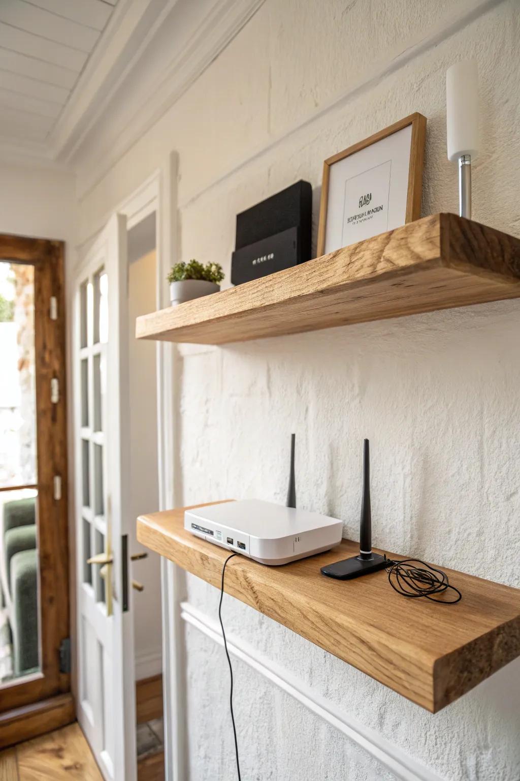 High shelf above the doorway hides the router, reduces clutter, and can even boost coverage.