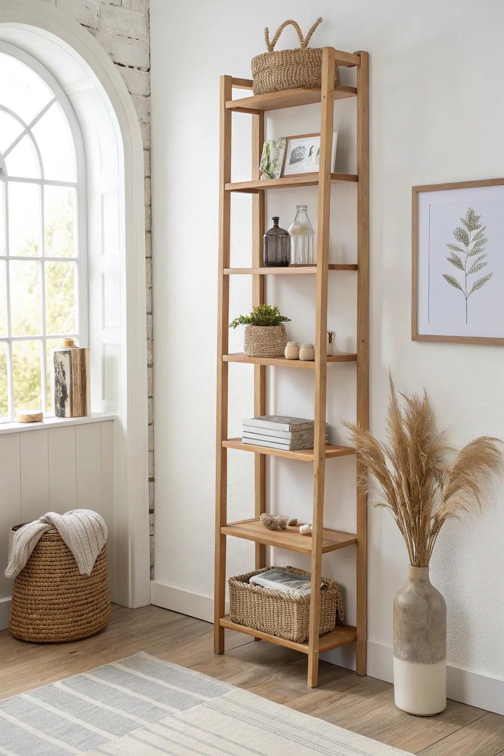 Go vertical: high-mounted shelves keep a windowless office calm, airy, and clutter-free.