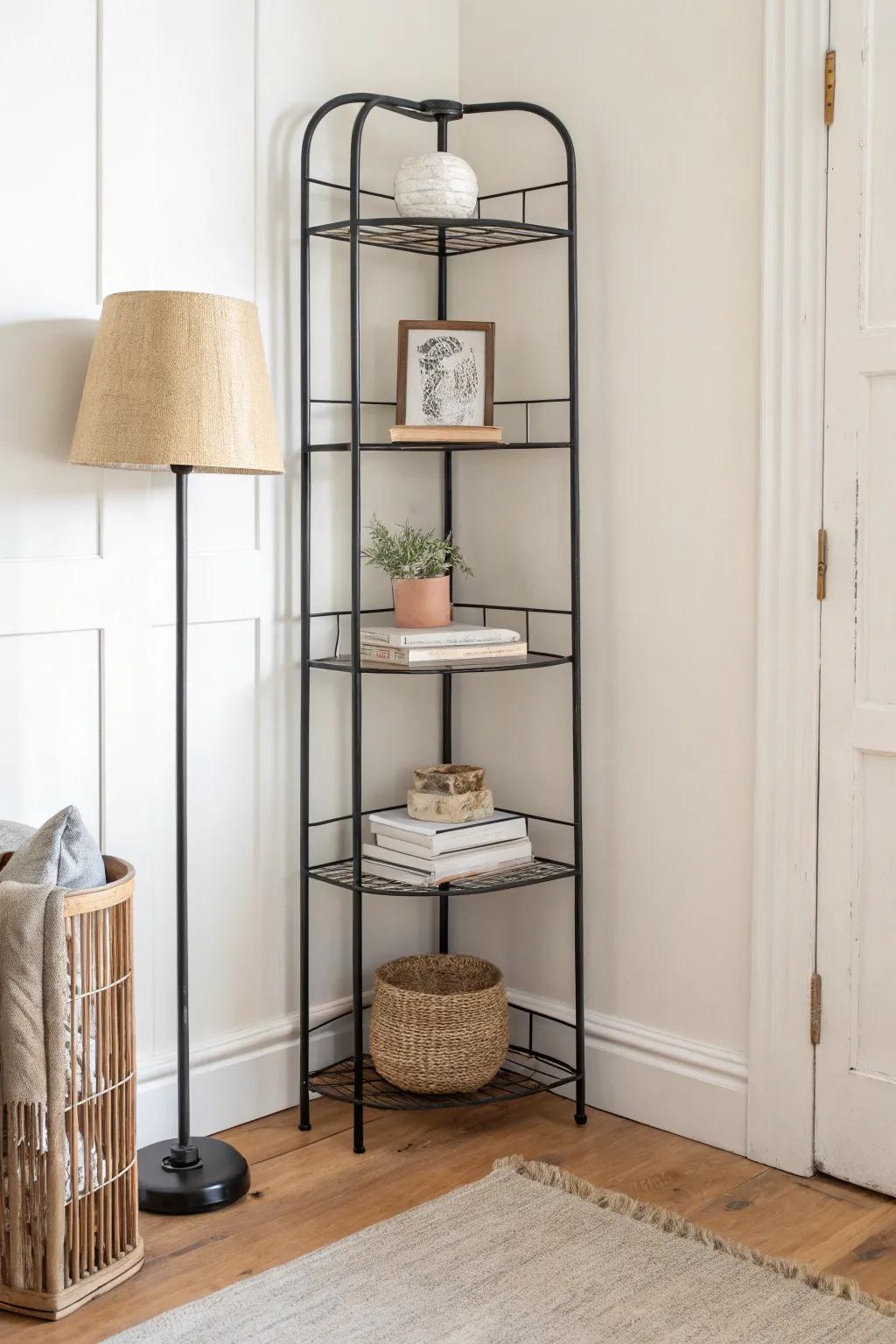 Turn unused corners into a light, airy reading hub with a corner-fit wire bookshelf.