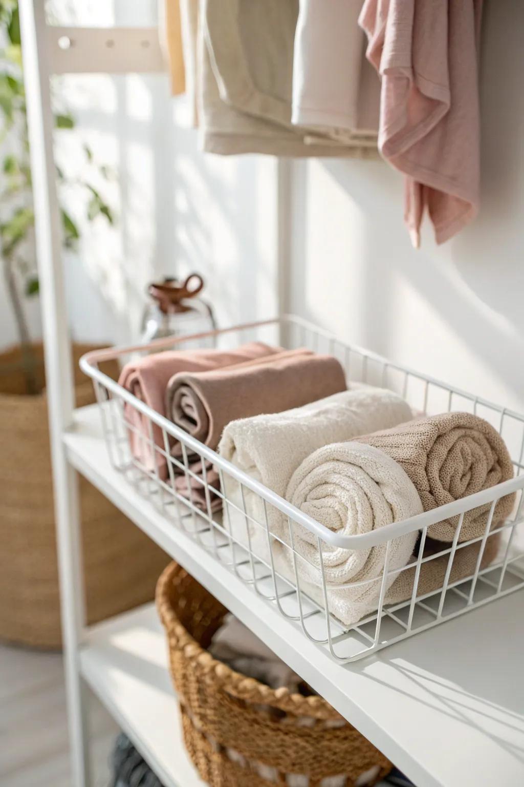 Add an under-shelf wire basket to double closet storage—scarves and gear stay visible, tidy.