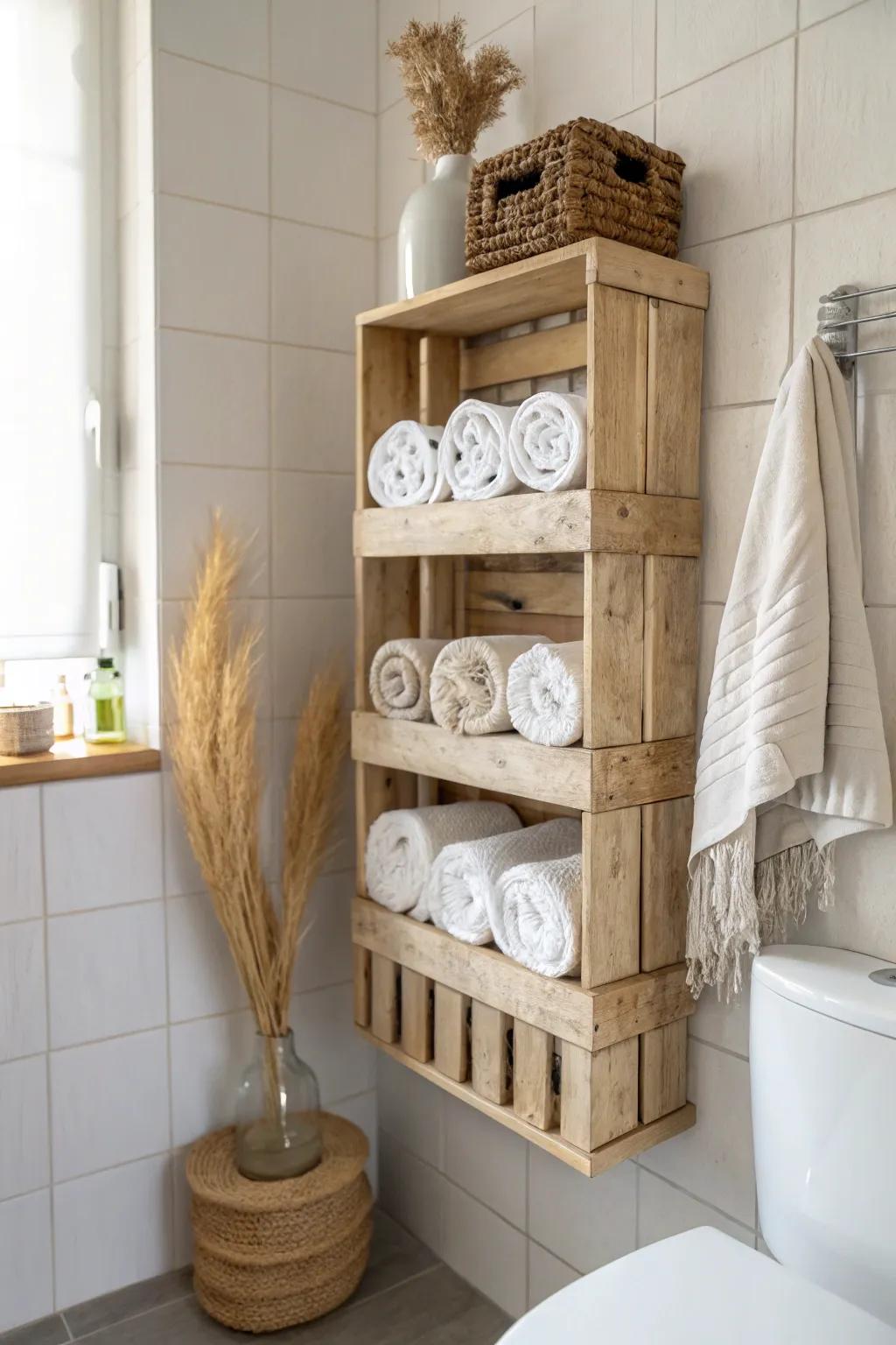 Wall-mounted wood crate towel shelf: spa-like vertical storage for tiny rental bathrooms.