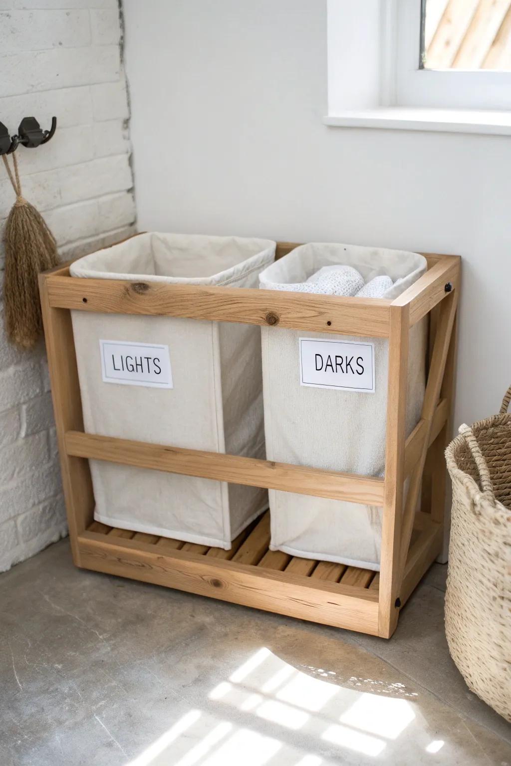 A chic wooden crate laundry sorter with simple labels—tiny-space friendly and beautifully minimal.