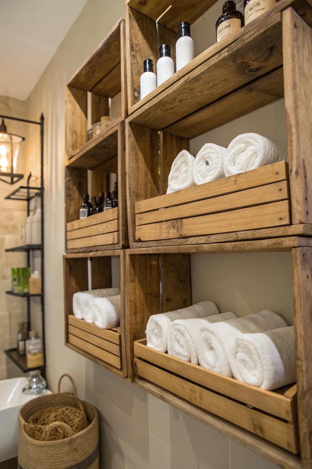 Elevate your bathroom with rustic wooden crate shelves for a touch of elegance and order.