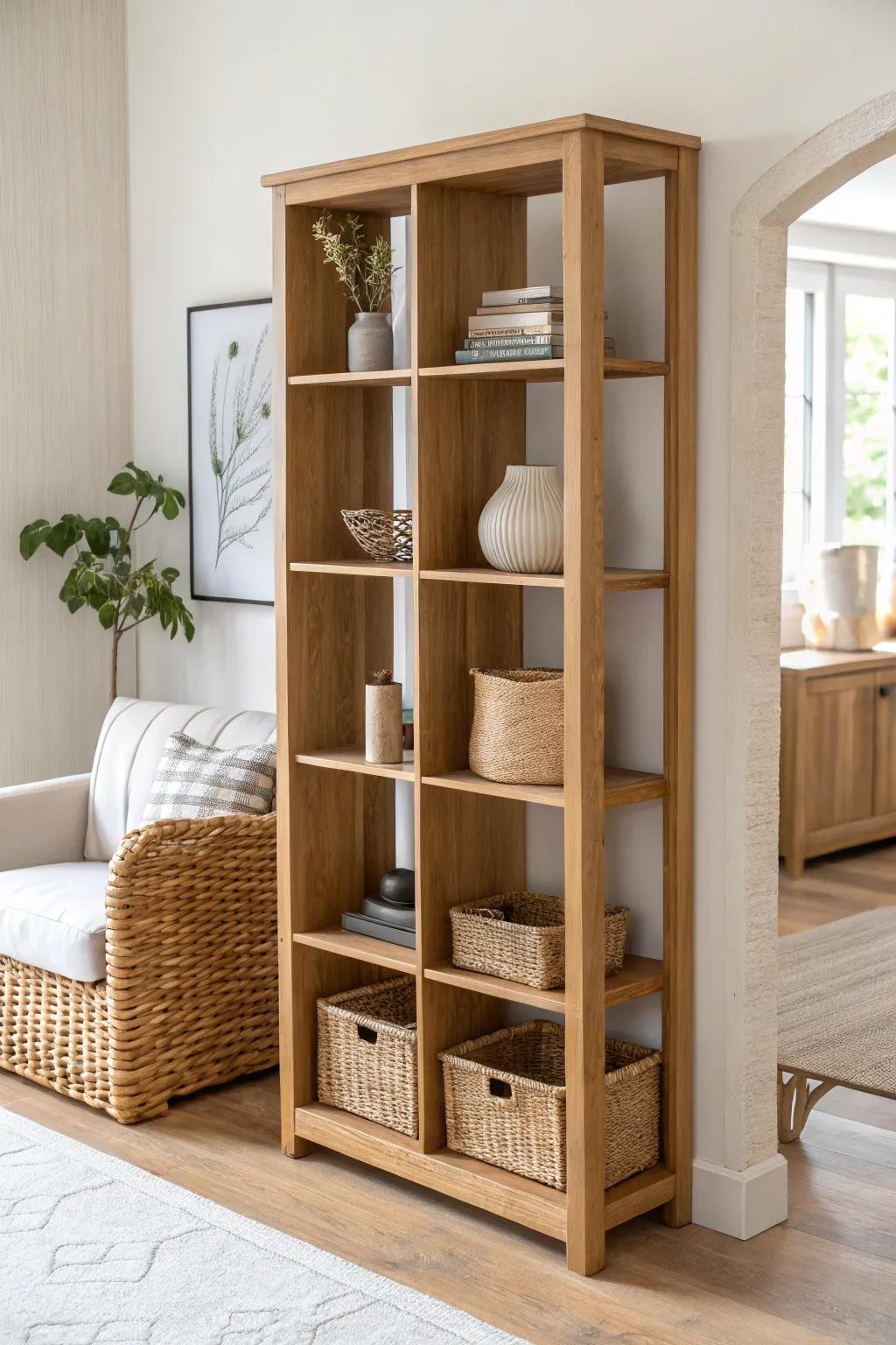 Geometric open-cubby wood divider that separates a small living room while styling baskets and decor.