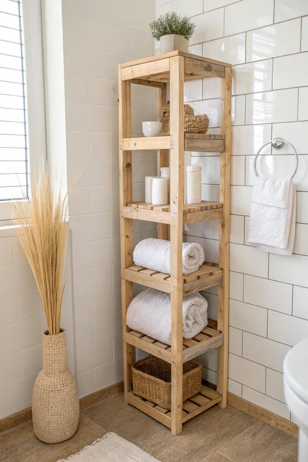Pallet bathroom shelf tower: slim vertical storage for towels and toilet paper in tiny spaces.