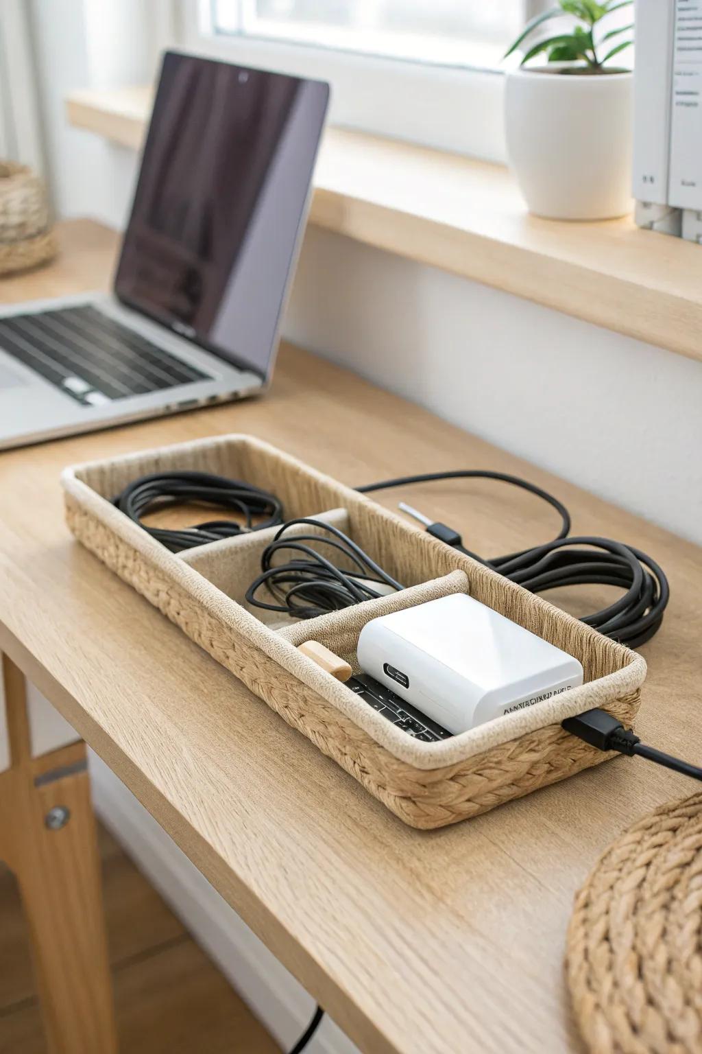 A sleek under-desk cable tray keeps cords hidden, tidy, and stress-free in small workspaces.