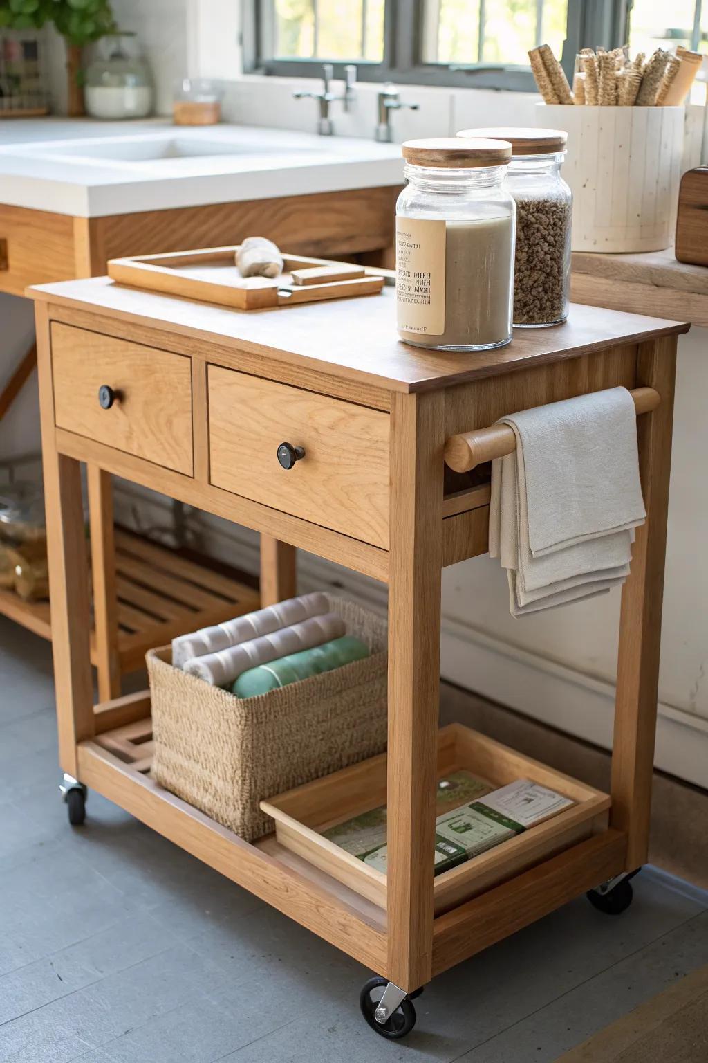 A slim rolling cart under the bench keeps glue, rags, and tape tidy but always within reach.