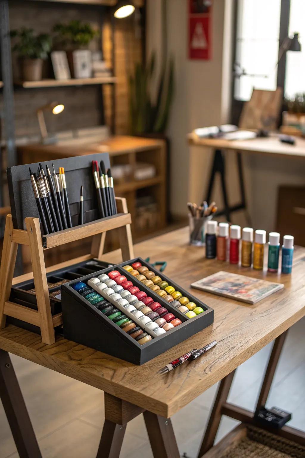 Unleash your creativity with a dedicated paint station that keeps your workshop organized and inspiring.