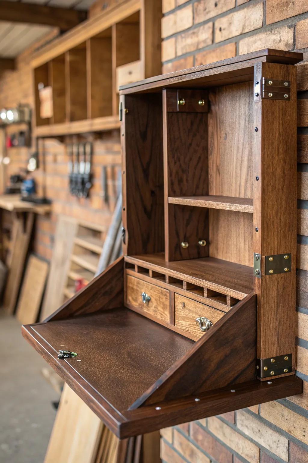Maximize your workshop space with stylish fold-down shelves.