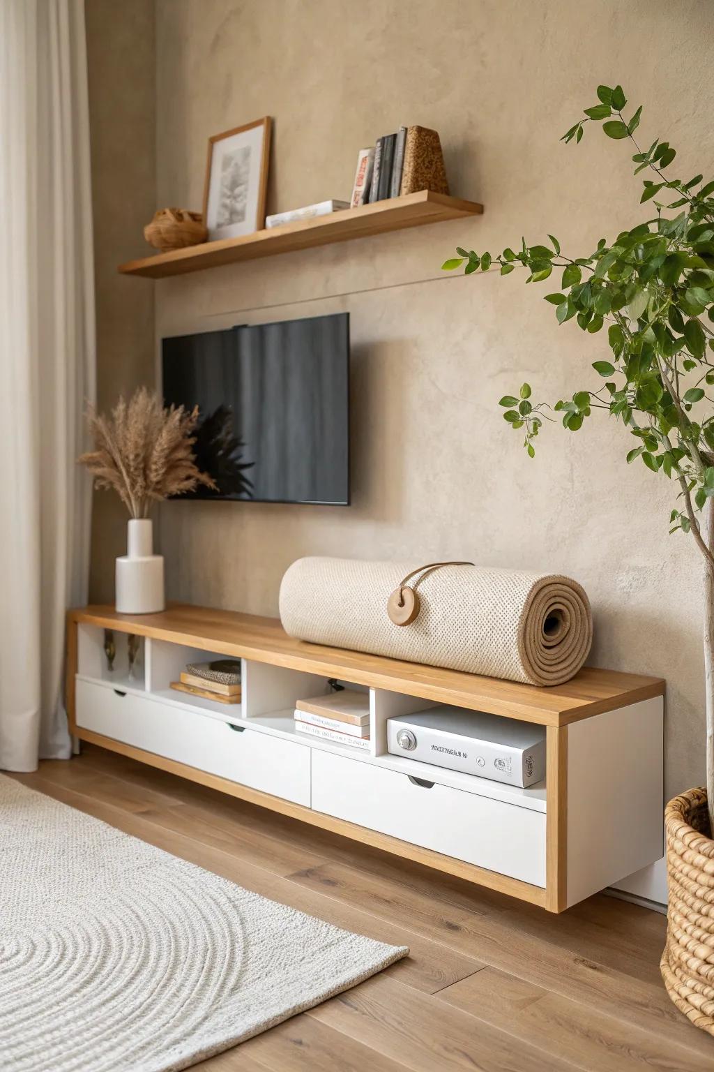A floating shelf with a lip keeps your yoga mat tidy, styled, and off the floor.