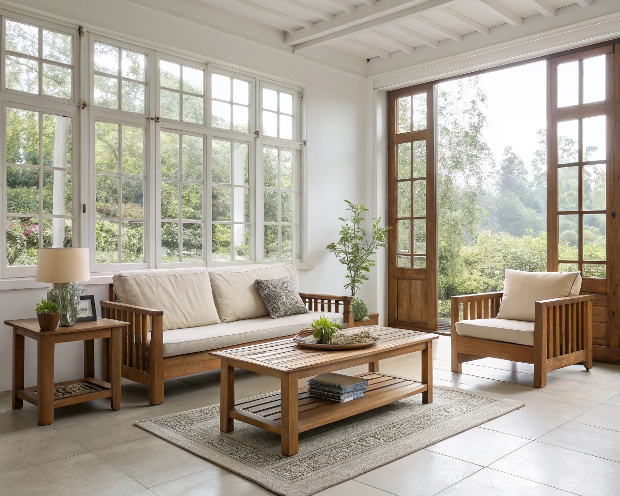 Interior spaces using colors and natural elements to promote tranquility.