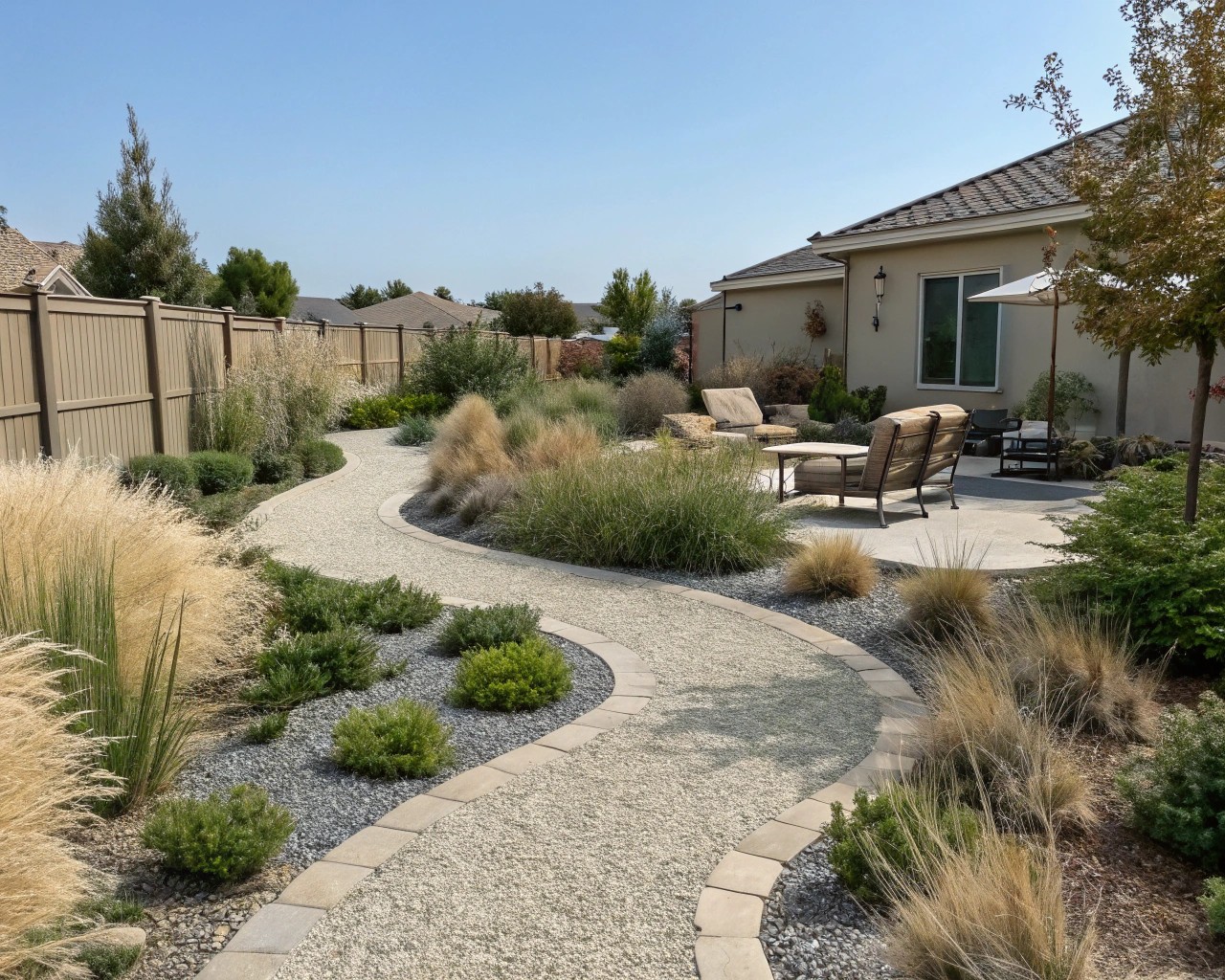 Sustainable landscapes featuring ornamental grasses and neutral tones enhance outdoor living.