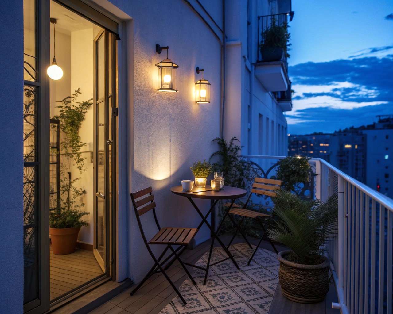 Contrasting warm and cool lights bring out the textures and moods of a small balcony.