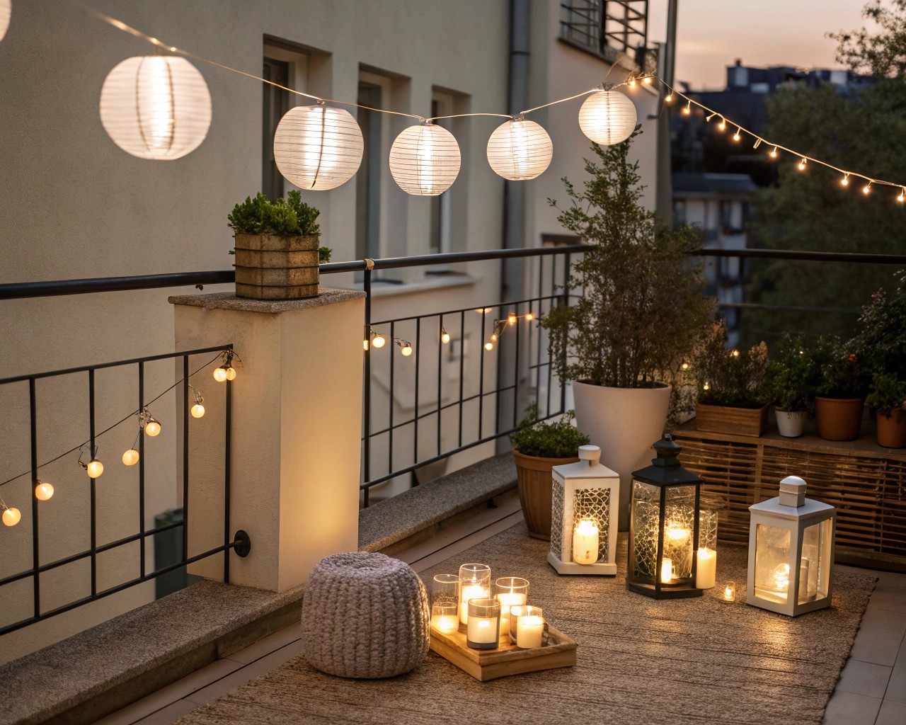 Layered lighting techniques enhance depth and emotional warmth on a compact balcony.