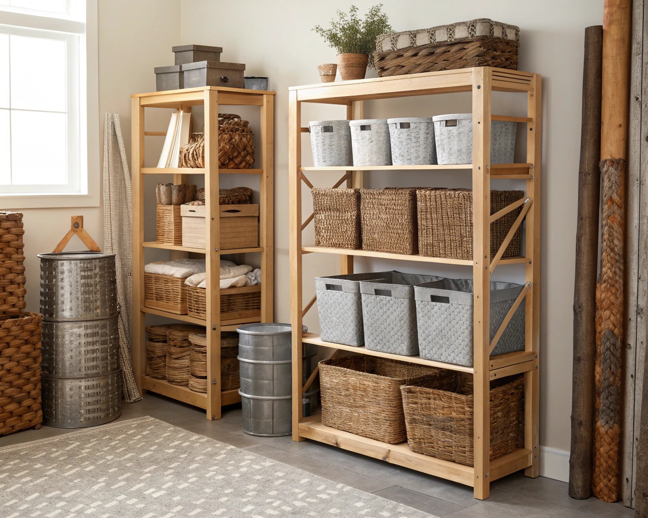 Material choices in storage impacting the mood and atmosphere of a space.