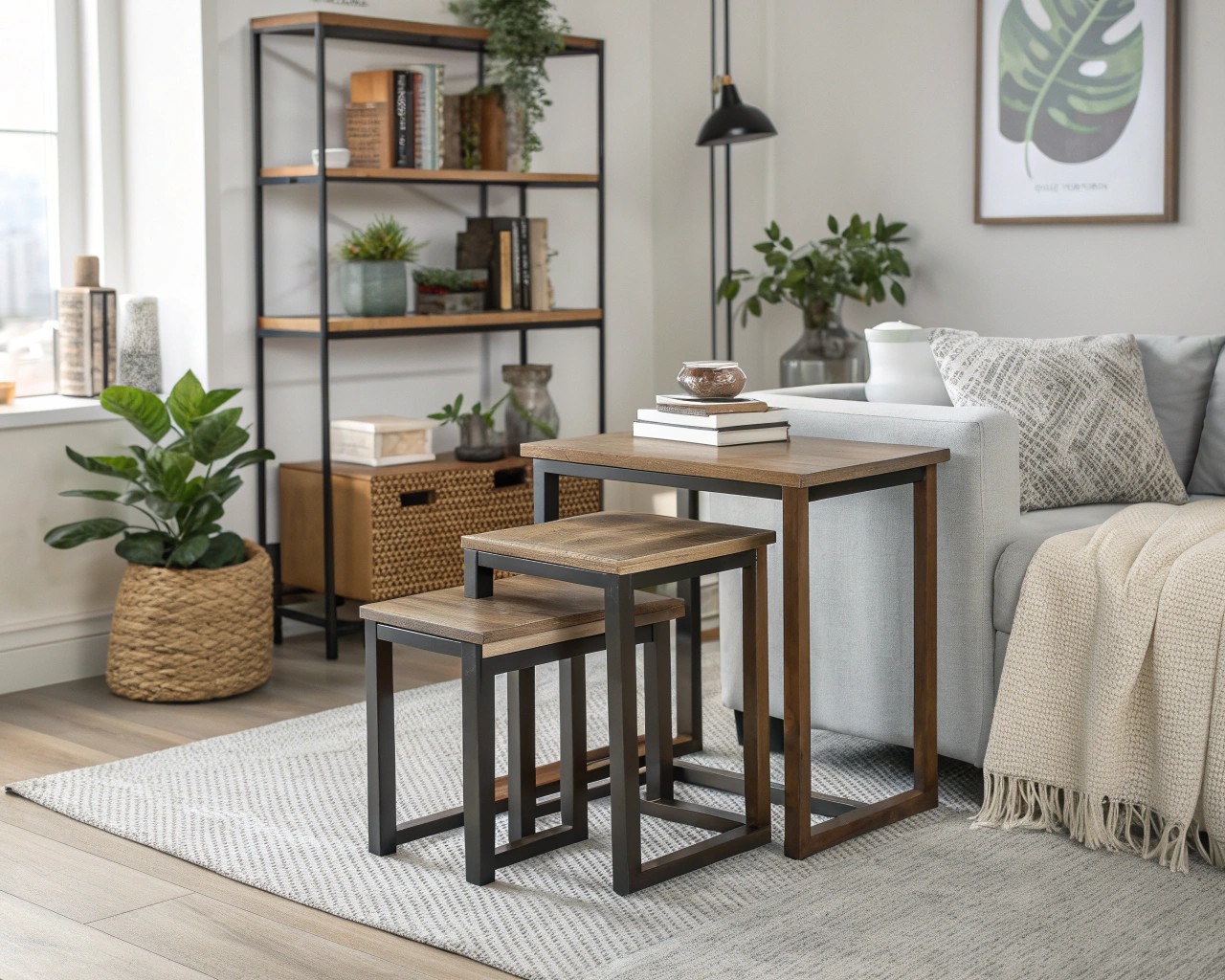 Smart use of vertical space and floating furniture to maximize a small room.