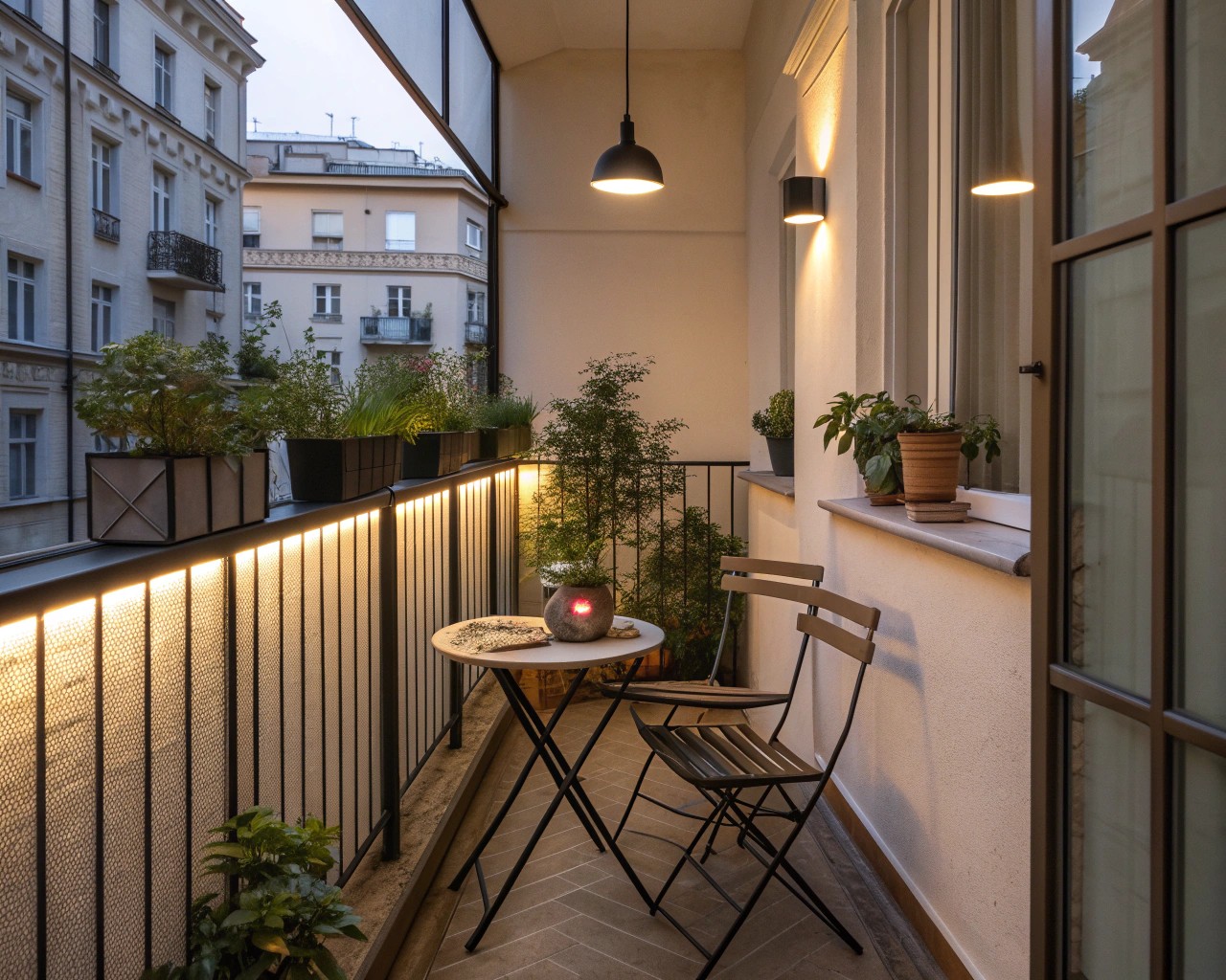 Strategically placed lighting on a small balcony creates distinct zones for relaxation and ambiance.